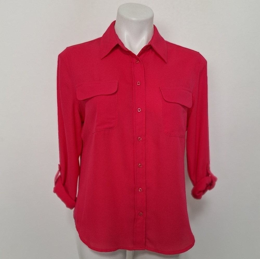 Investments Pink Romantic Preppy Button Front Roll Tab Sleeve Blouse Size PM